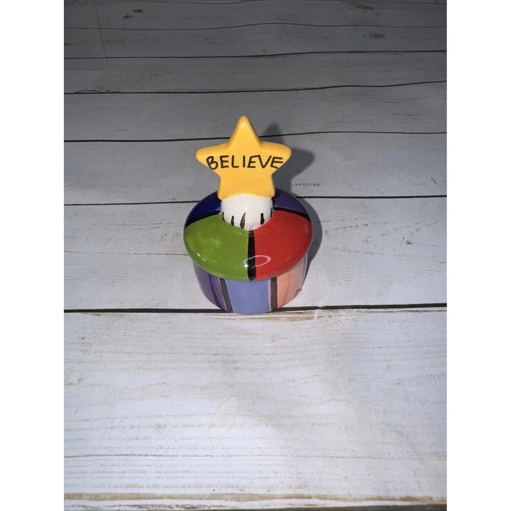 Colorful Ceramic Trinket Box Believe Star Lid Hand Painted Striped Heart Inside
